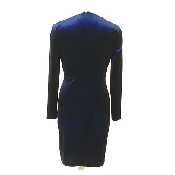 Calvin Klein Shimmery Sapphire Velvet Faux Wrap Side Gold Buckle Dress - Picture 6 of 9